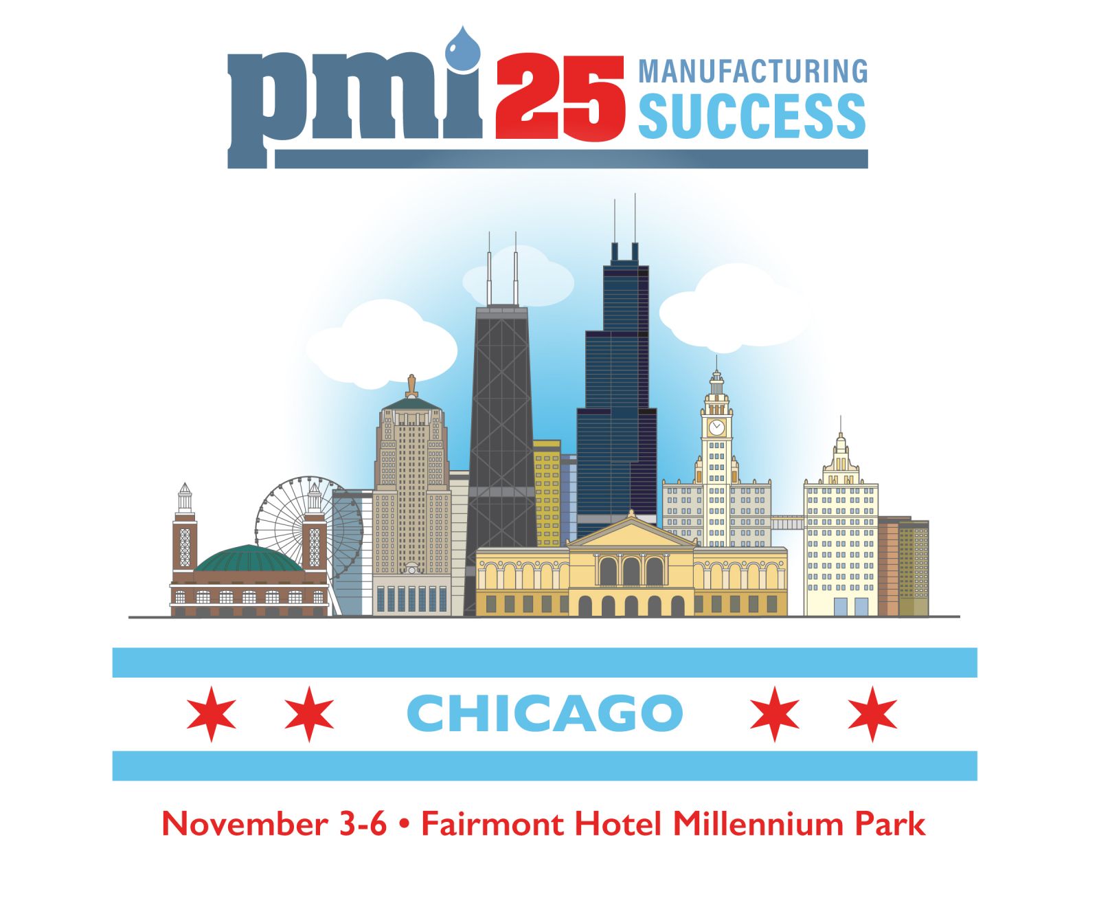 PMI25 logo with Chicago skyline and flag