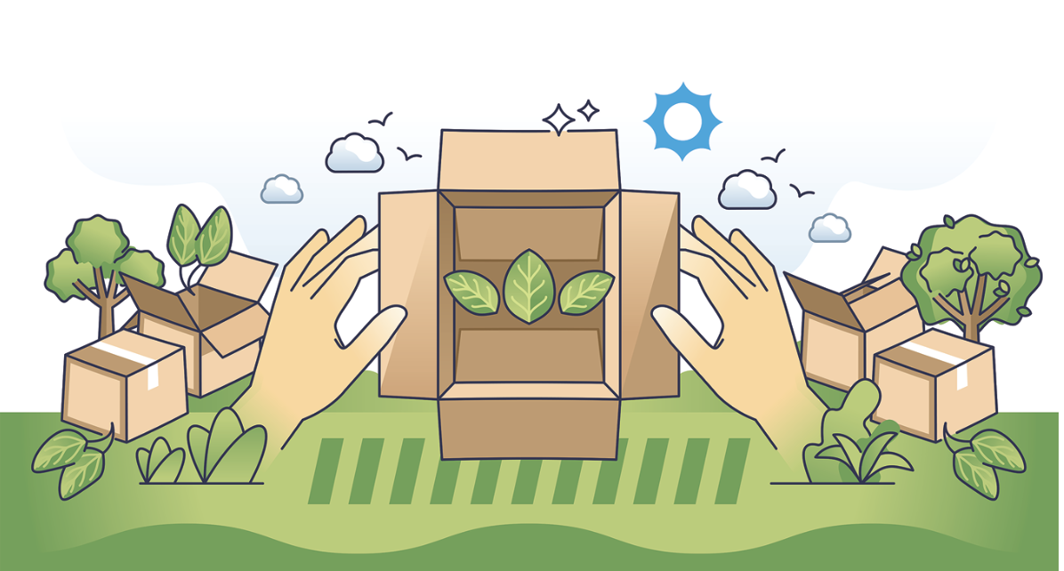 Illustration showing cardboard boxes and green leaves