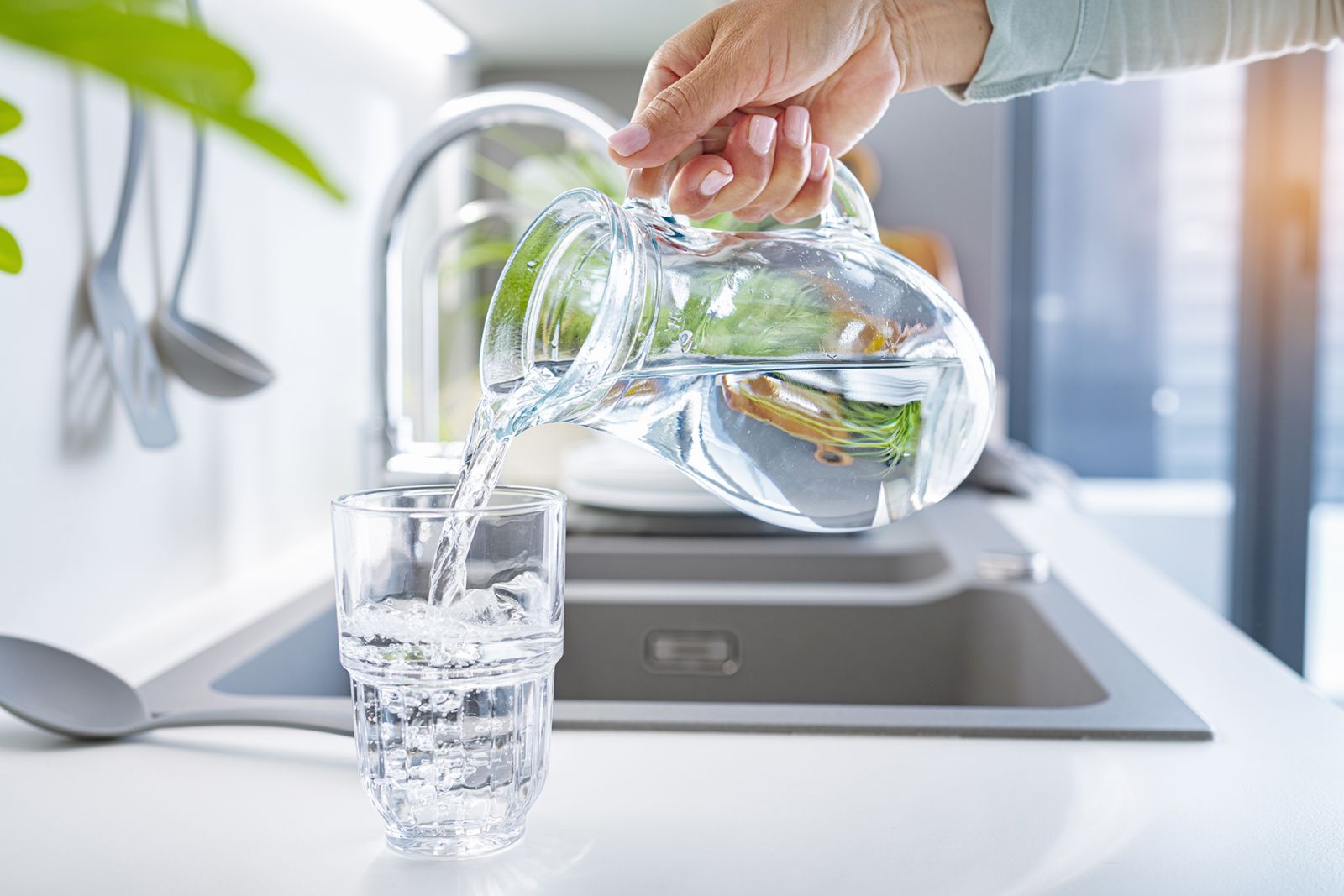 hand pouring a pitcher of water